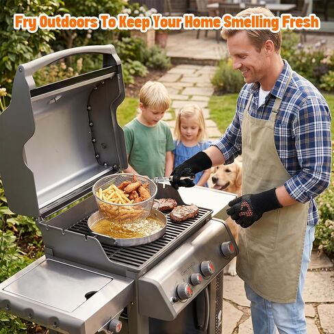 مقلاة عميقة من الفولاذ المقاوم للصدأ من Onlyfire مع سلة لنظام الشواء Weber Gourmet، وعاء قلي مقلاة زيت خارجية مع مقبض قابل للإزالة وسلة مصفاة مثقوبة للأطعمة البحرية والدجاج in Kuwait
