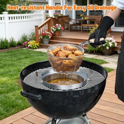 مقلاة عميقة من الفولاذ المقاوم للصدأ من Onlyfire مع سلة لنظام الشواء Weber Gourmet، وعاء قلي مقلاة زيت خارجية مع مقبض قابل للإزالة وسلة مصفاة مثقوبة للأطعمة البحرية والدجاج in Kuwait