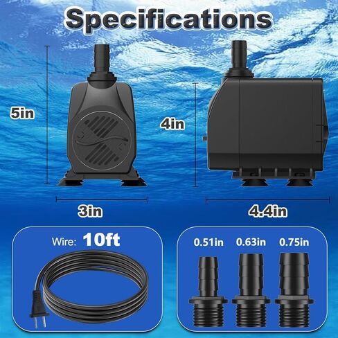SongLong 500GPH(1900L/H) 10ft Power Cord Submersible Pump,Over Heating Protection Water Pump with 6.65ft Lift for Fountains, Ponds, Aquariums & Hydroponics. in Kuwait