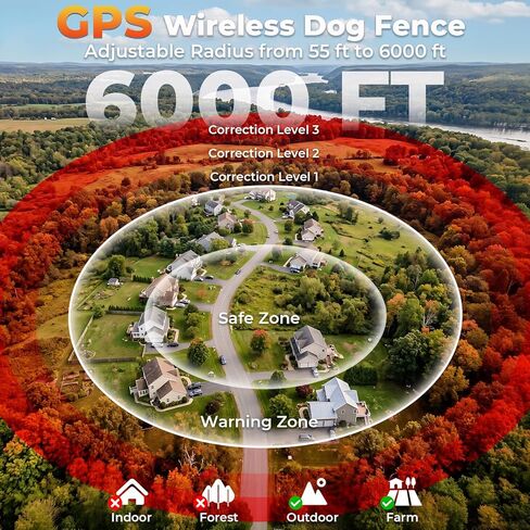 GPS Wireless Dog Fence System, Waterproof Rechargeable Electric Dog Fence Collar with 4-Zone Progressive Correction, 3 Modes & 55-6000ft Adjustable Range for Medium Large Dogs in Kuwait