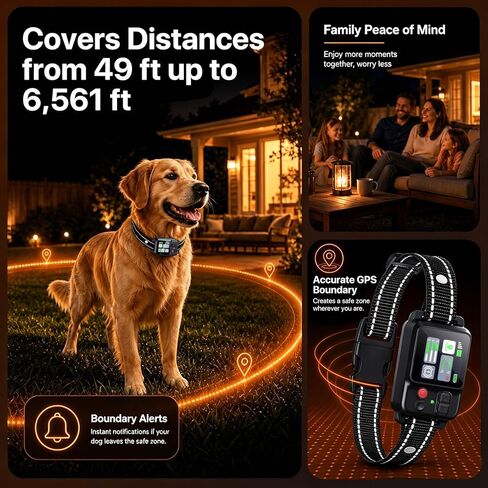 PRTRFLC GPS Wireless Dog Collar Fence System,Invisible Electric Fence for Dogs,Adjustable Range 49-6561ft,3 Training Mode,Rechargeable,Waterproof,Pet Containment System for Outdoor (Flat Black) in Kuwait
