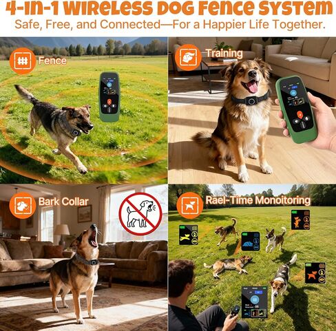 Fsitego Wireless Dog Fence System, 4‑in‑1 Electric Dog Fence with Training Collar, Remote Control, Bark Control & Status Monitor, Waterproof Receiver for Medium & Large Dogs, Outdoor Use in Kuwait