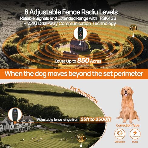 Fsitego Wireless Dog Fence System, 4‑in‑1 Electric Dog Fence with Training Collar, Remote Control, Bark Control & Status Monitor, Waterproof Receiver for Medium & Large Dogs, Outdoor Use in Kuwait