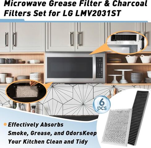 6PCS Microwave Grease Filter & Charcoal Filter Set Compatible with LG LMV2031ST, LMV2031BD, LMHM2237ST, LMH2235ST, Microwave Filter Replacement Replace 5230W1A003A 5230W1A012B in Kuwait