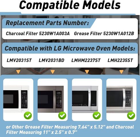 6PCS Microwave Grease Filter & Charcoal Filter Set Compatible with LG LMV2031ST, LMV2031BD, LMHM2237ST, LMH2235ST, Microwave Filter Replacement Replace 5230W1A003A 5230W1A012B in Kuwait