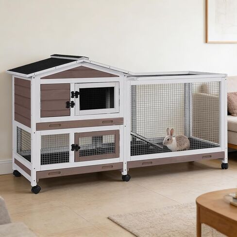 Rabbit Hutch Indoor, 62’’ Bunny Hutch Outdoor with All-Around Metal Frame, Mobile Rabbit House with Wheels, Wooden Bunny Cage with Leakproof Tray, Chew-Proof Ramp for Guinea Pig(Orange) in Kuwait