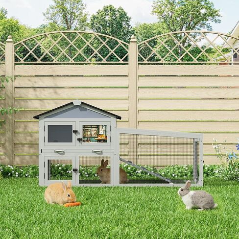 COZIWOW Outdoor 58.5Inches Rabbit Hutch with 2 Run Boxes, Weatherproof Bunny Cage with Asphalt Roof & Sunlight Panels, Hands-Free Clean Tray & Metal Wire Mesh, 2-Tier Rest & for 1-2 Rabbits, Grey in Kuwait