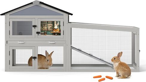 COZIWOW Outdoor 58.5Inches Rabbit Hutch with 2 Run Boxes, Weatherproof Bunny Cage with Asphalt Roof & Sunlight Panels, Hands-Free Clean Tray & Metal Wire Mesh, 2-Tier Rest & for 1-2 Rabbits, Grey in Kuwait