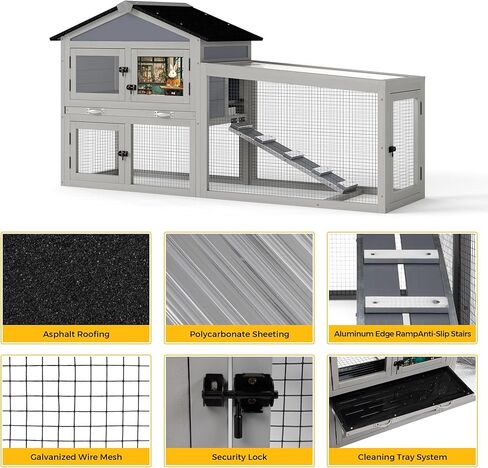 COZIWOW Outdoor 58.5Inches Rabbit Hutch with 2 Run Boxes, Weatherproof Bunny Cage with Asphalt Roof & Sunlight Panels, Hands-Free Clean Tray & Metal Wire Mesh, 2-Tier Rest & for 1-2 Rabbits, Grey in Kuwait