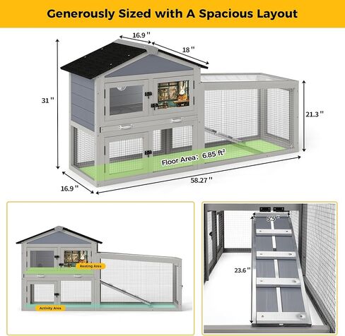 COZIWOW Outdoor 58.5Inches Rabbit Hutch with 2 Run Boxes, Weatherproof Bunny Cage with Asphalt Roof & Sunlight Panels, Hands-Free Clean Tray & Metal Wire Mesh, 2-Tier Rest & for 1-2 Rabbits, Grey in Kuwait
