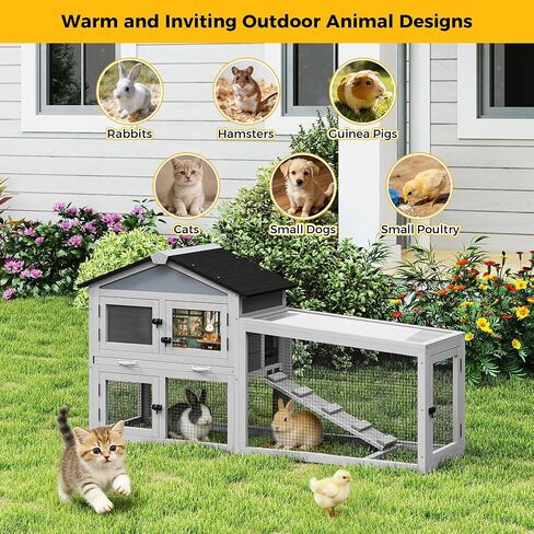 COZIWOW Outdoor 58.5Inches Rabbit Hutch with 2 Run Boxes, Weatherproof Bunny Cage with Asphalt Roof & Sunlight Panels, Hands-Free Clean Tray & Metal Wire Mesh, 2-Tier Rest & for 1-2 Rabbits, Grey in Kuwait
