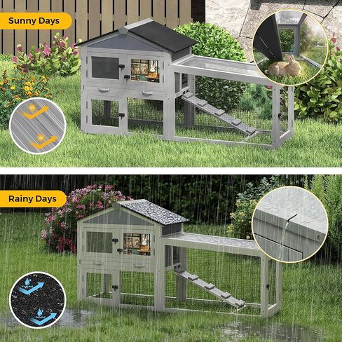 COZIWOW Outdoor 58.5Inches Rabbit Hutch with 2 Run Boxes, Weatherproof Bunny Cage with Asphalt Roof & Sunlight Panels, Hands-Free Clean Tray & Metal Wire Mesh, 2-Tier Rest & for 1-2 Rabbits, Grey in Kuwait