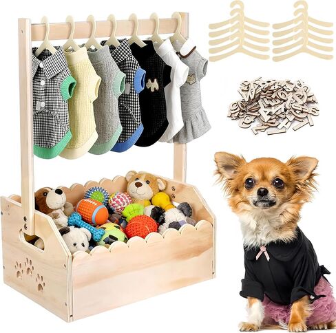 Wooden Pet Wardrobe Closet for Small Dogs and Cats - with 10 Hangers & Personalized Alphabet Letters - Space Saving Pet Clothes Organizer for Toys, Accessories - 13.5"x9.1"x20" in Kuwait