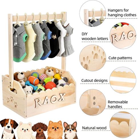 Wooden Pet Wardrobe Closet for Small Dogs and Cats - with 10 Hangers & Personalized Alphabet Letters - Space Saving Pet Clothes Organizer for Toys, Accessories - 13.5"x9.1"x20" in Kuwait