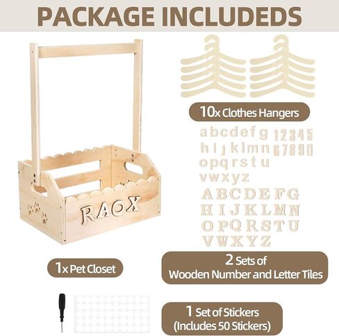 Wooden Pet Wardrobe Closet for Small Dogs and Cats - with 10 Hangers & Personalized Alphabet Letters - Space Saving Pet Clothes Organizer for Toys, Accessories - 13.5"x9.1"x20" in Kuwait