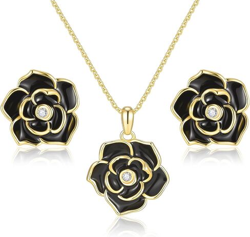 Rose Flower Earring Necklace Set - 14k Gold Plated Hypoallergenic Jewelry Sets For Women, Trendy Cubic Zirconia Floral Hoop Earring Pendant Necklace Anniversary Birthday Gift for Her in Saudi Arabia
