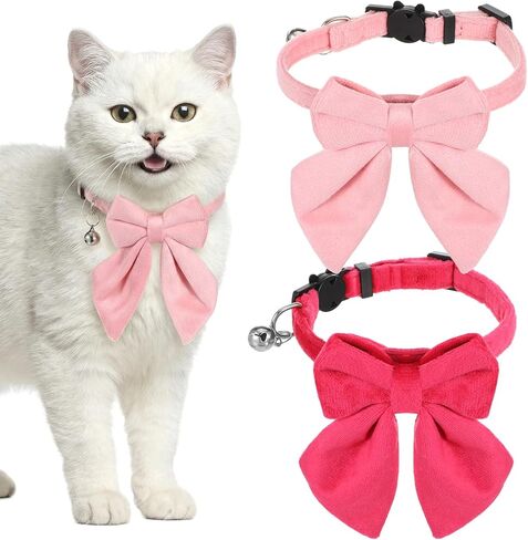 2 Pack Pink Cat Collar with Bells, Adjustable Cat Bow Tie, Detachable Kitten Collar for Girl Pets Cats Dogs, Cute Cats Bowtie Collars 8-12Inch (Light Pink & Bright Pink) in Kuwait