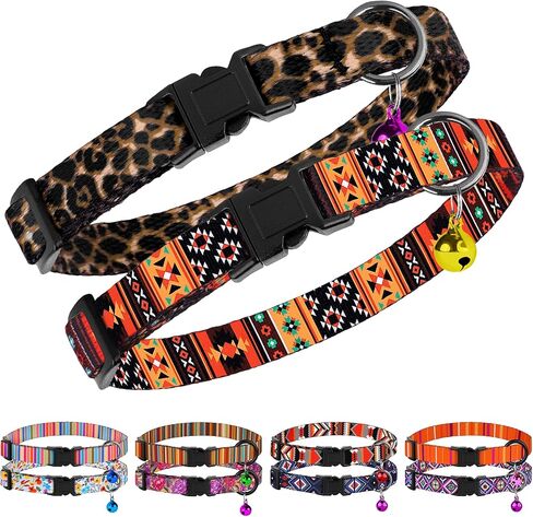2 Pack Cat Collars with Bell - Breakaway Soft Collar for Girl & Boy Cats, Adjustable Safety Cute Kitten Collars – Comfortable Stylish Patterned Print Design Lightweight (Tribal + Leopard) in Kuwait