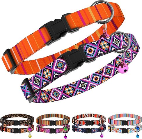 2 Pack Cat Collars with Bell - Breakaway Soft Collar for Girl & Boy Cats, Adjustable Safety Cute Kitten Collars – Comfortable Stylish Patterned Print Design Lightweight (Tribal + Leopard) in Saudi Arabia