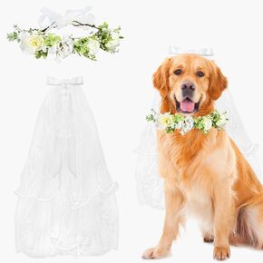 Dog Wedding Outfit Dog Flower Collar & Dogs Bow Veil with Clip, White Dogs Wedding Dress Puppy Collar Flowers Handmade Bow Veil with White Pearl, Puppy Bridesmaid Costume for Bridal Ceremony in Saudi Arabia