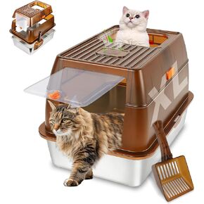 Semi-Enclosed Stainless Steel Cat Litter Box, Extra Large Litter Box for Big Cats, High Sided Metal Litter Pan with Scoop, Odors Control, Anti-Urine Leakage, Easy Cleaning in Saudi Arabia