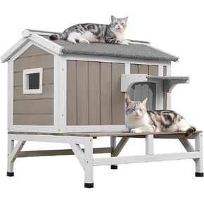 PetsCosset Outdoor Cat House, Wooden Cat Shelter with Built-in Scratching Fabric Interior, Weather-Resistant 2-Story Design, Openable Roof, Raised Base and Balcony in Kuwait