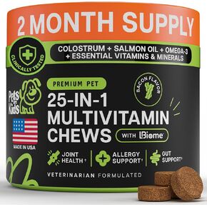 Pets are Kids 25-in-1 Dog Multivitamin - Pet Vitamins and Supplements with LBiome™, Colostrum & Salmon Oil for Gut, Allergy, Mobility & Immune Health - Bacon Flavored, Dog Supplements - 60 Chews in Saudi Arabia