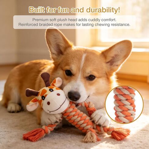 Giraffe Plush Squeak Toys for Dogs - Premium Soft Plush, Reinforced Braided Rope, Built-in Squeaker & Crinkle Paper, Machine Washable, Stimulates Play & Teething Relief in Kuwait