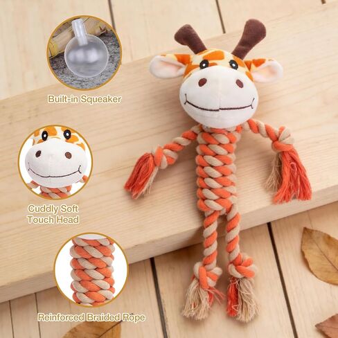 Giraffe Plush Squeak Toys for Dogs - Premium Soft Plush, Reinforced Braided Rope, Built-in Squeaker & Crinkle Paper, Machine Washable, Stimulates Play & Teething Relief in Kuwait
