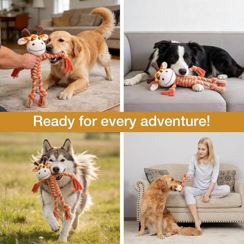 Giraffe Plush Squeak Toys for Dogs - Premium Soft Plush, Reinforced Braided Rope, Built-in Squeaker & Crinkle Paper, Machine Washable, Stimulates Play & Teething Relief in Kuwait