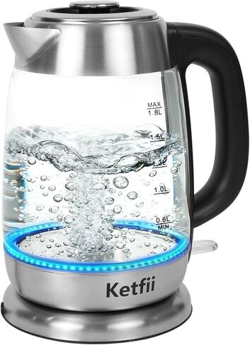 Electric Glass Kettle 1.8L, 1200W Fast Boil for Tea & Coffee, Auto Shut-Off & Boil-Dry Protection, BPA-Free, 304 Stainless Steel & Borosilicate Glass, Removable Lid for Easy Cleaning in Kuwait