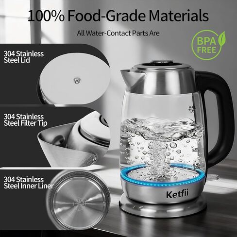Electric Glass Kettle 1.8L, 1200W Fast Boil for Tea & Coffee, Auto Shut-Off & Boil-Dry Protection, BPA-Free, 304 Stainless Steel & Borosilicate Glass, Removable Lid for Easy Cleaning in Kuwait