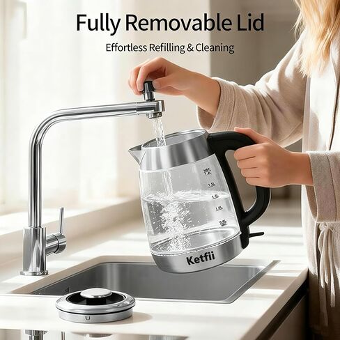 Electric Glass Kettle 1.8L, 1200W Fast Boil for Tea & Coffee, Auto Shut-Off & Boil-Dry Protection, BPA-Free, 304 Stainless Steel & Borosilicate Glass, Removable Lid for Easy Cleaning in Kuwait