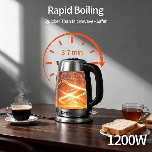 Electric Glass Kettle 1.8L, 1200W Fast Boil for Tea & Coffee, Auto Shut-Off & Boil-Dry Protection, BPA-Free, 304 Stainless Steel & Borosilicate Glass, Removable Lid for Easy Cleaning in Kuwait
