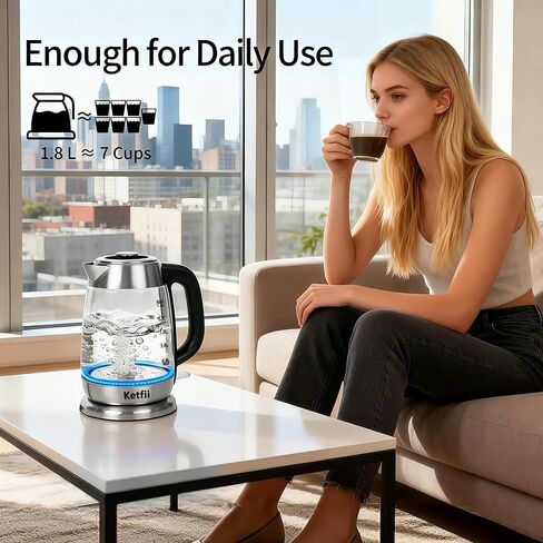 Electric Glass Kettle 1.8L, 1200W Fast Boil for Tea & Coffee, Auto Shut-Off & Boil-Dry Protection, BPA-Free, 304 Stainless Steel & Borosilicate Glass, Removable Lid for Easy Cleaning in Kuwait