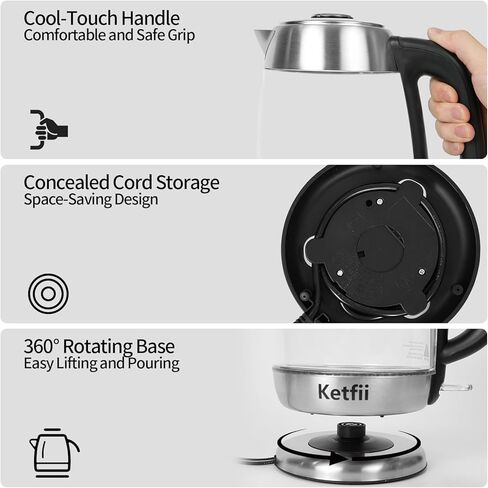 Electric Glass Kettle 1.8L, 1200W Fast Boil for Tea & Coffee, Auto Shut-Off & Boil-Dry Protection, BPA-Free, 304 Stainless Steel & Borosilicate Glass, Removable Lid for Easy Cleaning in Kuwait