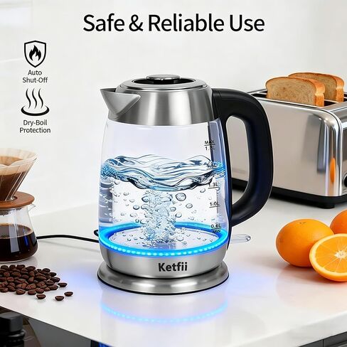Electric Glass Kettle 1.8L, 1200W Fast Boil for Tea & Coffee, Auto Shut-Off & Boil-Dry Protection, BPA-Free, 304 Stainless Steel & Borosilicate Glass, Removable Lid for Easy Cleaning in Kuwait
