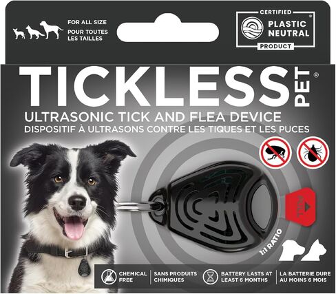 جهاز مضاد للدغات القراد وانتشار البراغيث بالموجات فوق الصوتية للحيوانات الأليفة من Tickless باللون الأسود | حماية خالية من العطور للقطط والكلاب تدوم لمدة 6 أشهر | على الياقة والحزام in Kuwait