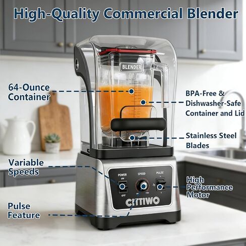 Cittiwo Commercial Blender Heavy Duty Restaurant with 64oz Jar, 2200W Professional-Grade Smoothie Blender, Ice Crush, Frozen Drinks, Quiet Shield, Self-Cleaning in Kuwait
