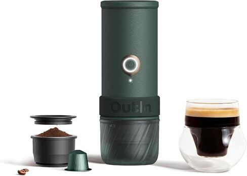 OutIn Mino with Fino، ماكينة إسبريسو كهربائية محمولة مع مطحنة قهوة كهربائية محمولة (أخضر وأبيض) in Kuwait