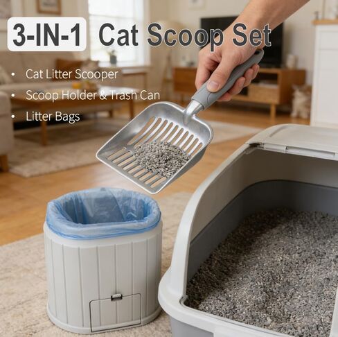 Heavy-Duty Cat Litter Scoop with Holder&Litter Bags, Metal Cat Scooper with Bags, Aluminum Kitty Poop Sifting Shovel Captures All Clumps, Speed Sifter Litter Box Scooper with Cats Caddy in Kuwait
