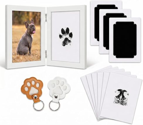 Pet Paw Print Kit & Leather Fur Keepsake Keychain - Inkless Dog Nose Print Set with Picture Frame, 3 Black Pads, 6 Cards - Classic Design for New Puppy Milestones or Dog Memorial Tribute in Kuwait