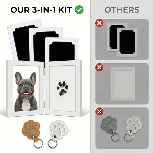 Pet Paw Print Kit & Leather Fur Keepsake Keychain - Inkless Dog Nose Print Set with Picture Frame, 3 Black Pads, 6 Cards - Classic Design for New Puppy Milestones or Dog Memorial Tribute in Kuwait