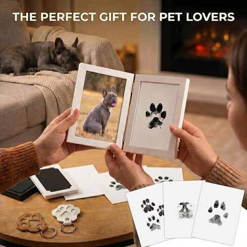 Pet Paw Print Kit & Leather Fur Keepsake Keychain - Inkless Dog Nose Print Set with Picture Frame, 3 Black Pads, 6 Cards - Classic Design for New Puppy Milestones or Dog Memorial Tribute in Kuwait