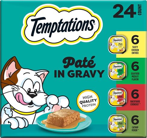 Temptations Pate in Gravy Adult Wet Cat Food Tasty Chicken Entree, Seafood Medley, Backyard Cookout, and Catnip Fever, 3.5 oz. Trays (24 Count, Pack of 1) in Kuwait