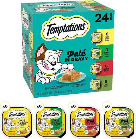 Temptations Pate in Gravy Adult Wet Cat Food Tasty Chicken Entree, Seafood Medley, Backyard Cookout, and Catnip Fever, 3.5 oz. Trays (24 Count, Pack of 1) in Kuwait