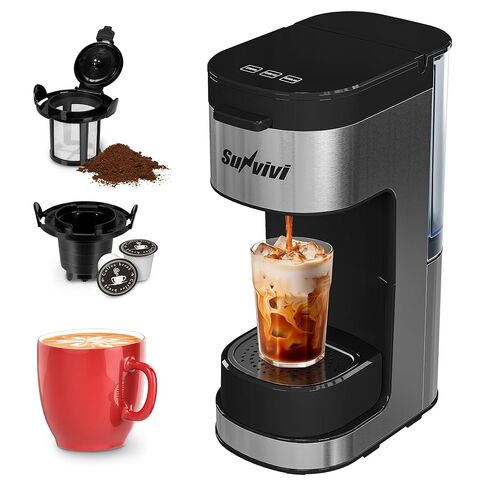3-in-1 Single Serve Coffee Machine Brewer for K Pod Pods, Ground Coffee, and Teas, Iced Coffee Maker with Removable Water Reservoir 6 to 14oz, 2 Cup Trays, Self-Cleaning Function - Black in Kuwait