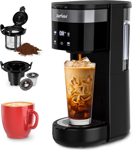 SUNVIVI Single Serve Iced Coffee Maker, 3 Brewing Modes for K-Cup Pod/Ground Coffee, 30oz Removable Water Reservoir & Reusable Filter, Compact for Home & Office, Black in Kuwait