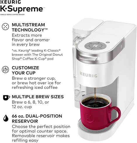 ماكينة صنع القهوة Keurig K-Supreme، ماكينة تحضير القهوة ذات الخدمة الفردية K-Cup، مع تقنية MultiStream، خزان مزدوج الموضع 66 أونصة، وإعدادات قابلة للتخصيص، أبيض (متجدد) in Kuwait