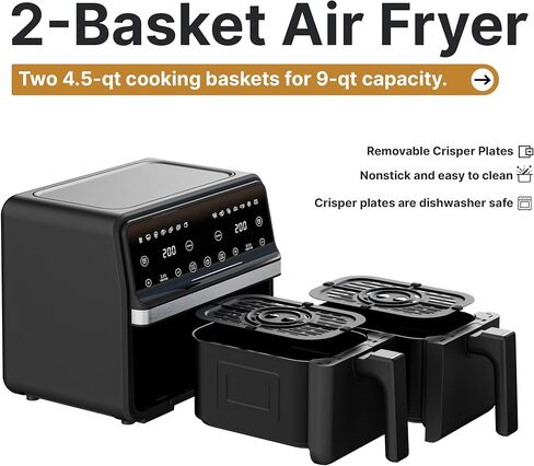 Ludatido 9QT Dual Basket Air Fryer, 10-in-1 Large Double Airfryer with 2 Independent Frying Baskets, Match Cook & Sync Finish, Dual Zone for Roast, Broil, Dehydrate, Fast & Simple Cooking, Black in Saudi Arabia